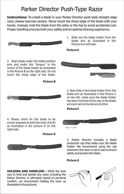 Instructions for installing a blade in a Parker Director push-type straight edge razor on a white background.