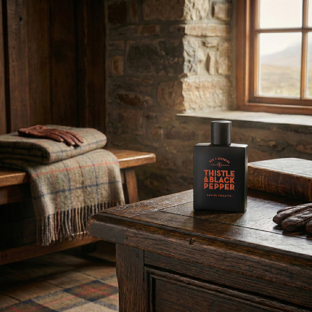 Thistle & Black Pepper Eau de Toilette on a wooden table in a rustic room