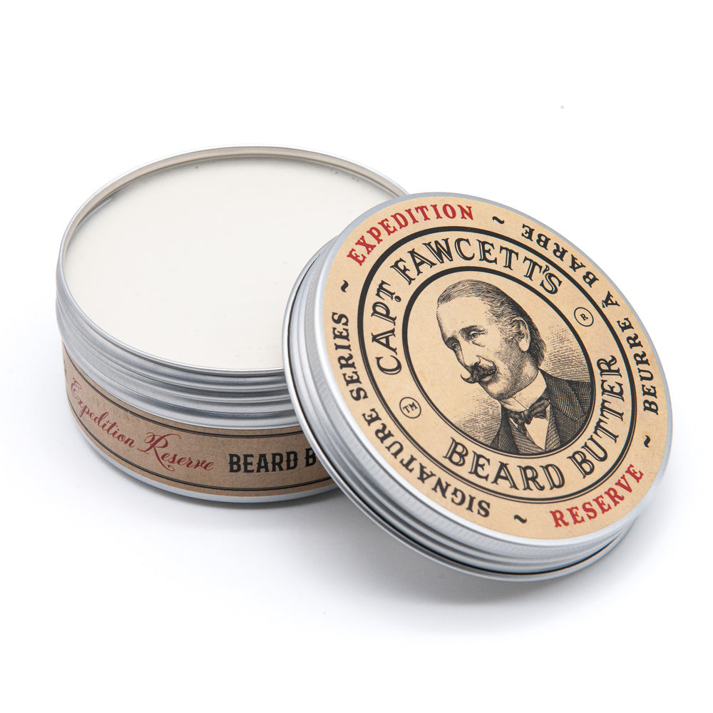 Capitaine Fawcett's Beard Butter Reserve with lid open on a white background