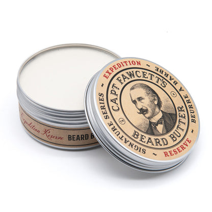 Capitaine Fawcett's Beard Butter Reserve with lid open on a white background