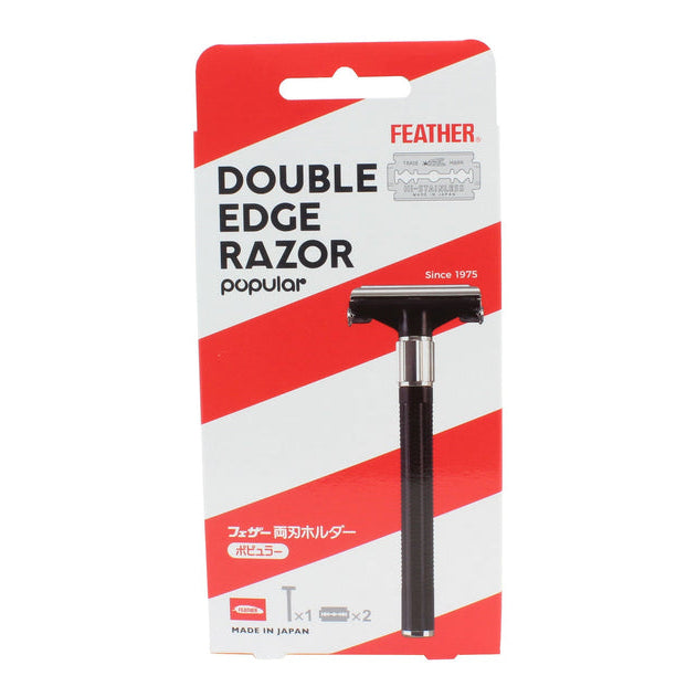 Double edge razor packaging with red and white design on a white background