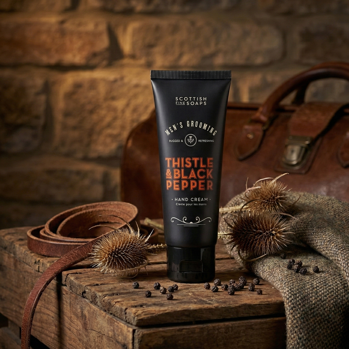 Thistle & Black Pepper Hand Cream on wood beside a leather belt and shaving brushes