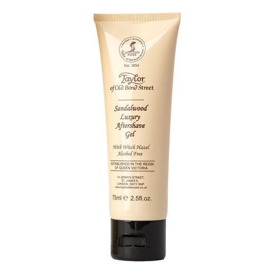 Tube of Taylor of Old Bond Street Sandalwood Luxury Aftershave Gel on a white background