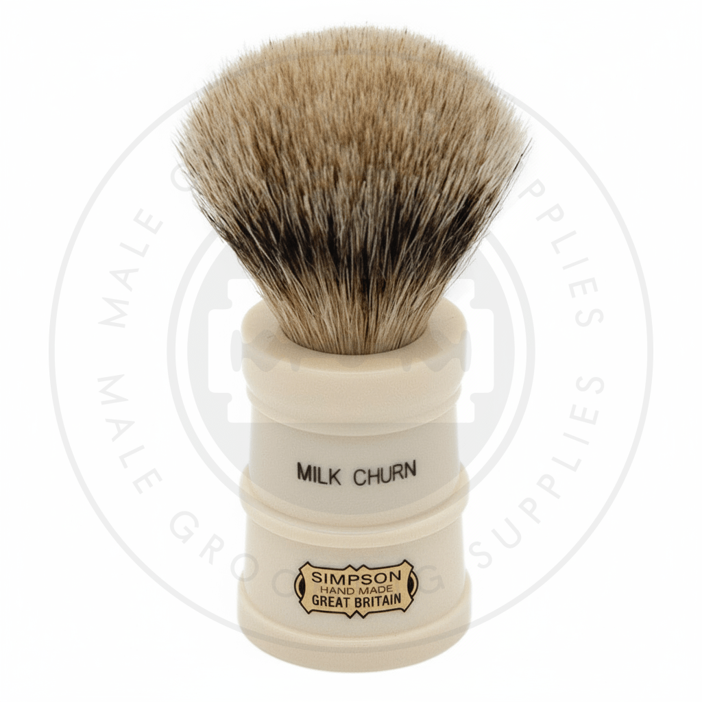 Simpsons Milk Churn faux ivory shaving brush with Best Badger hair - Front
