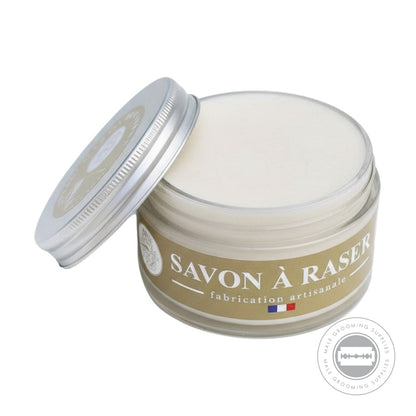 Martin De Candre Original Shaving Soap jar with open aluminium lid in classic French shaving soap format