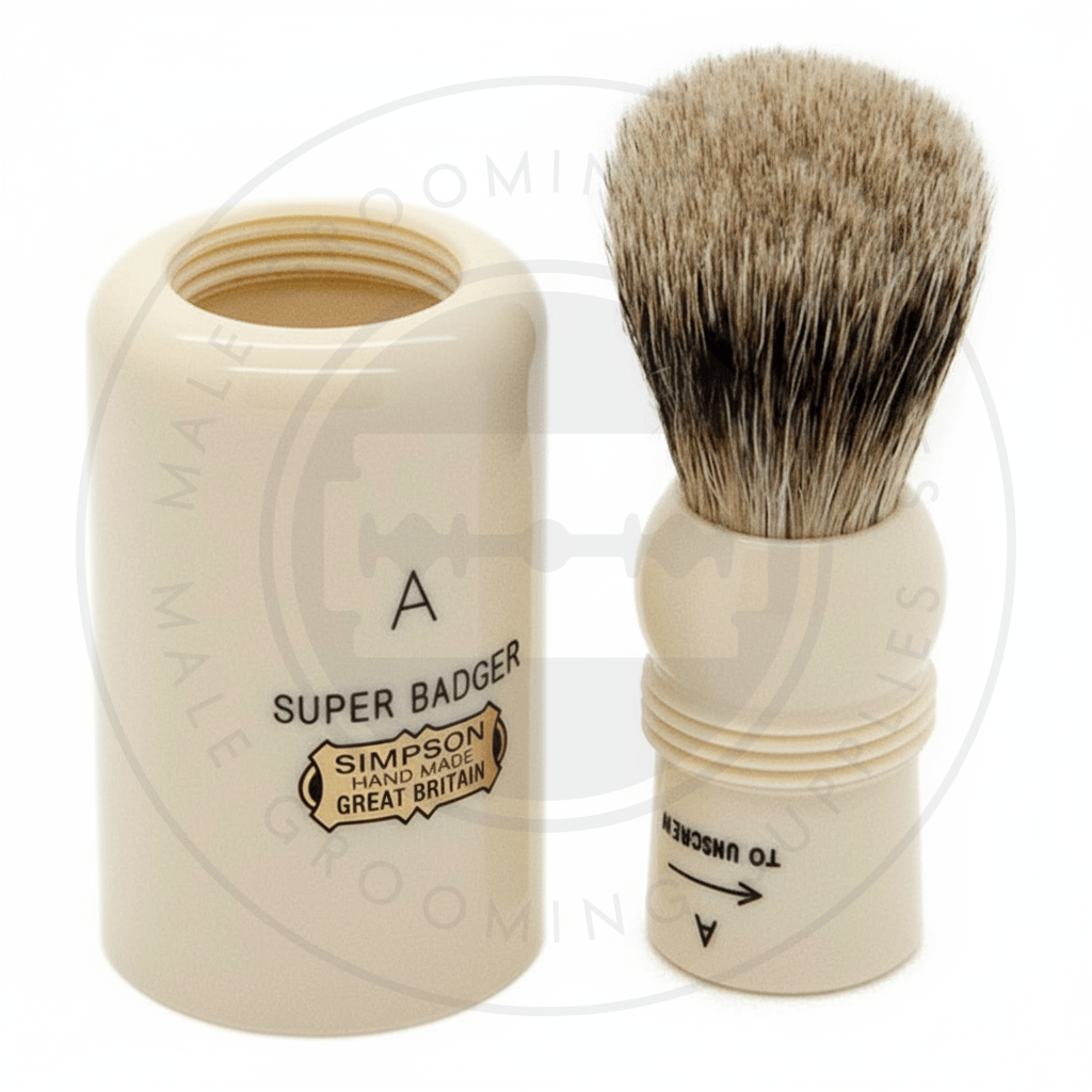 Simpsons Major faux ivory travel shaving brush with Super Silvertip Badger hair - Open View