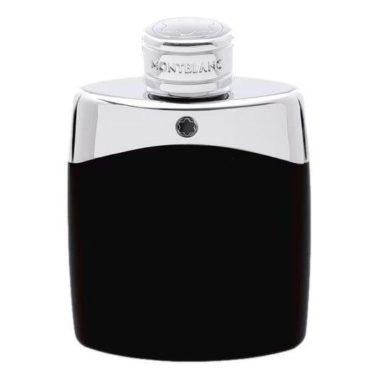 Black and silver Montblanc perfume bottle on a white background