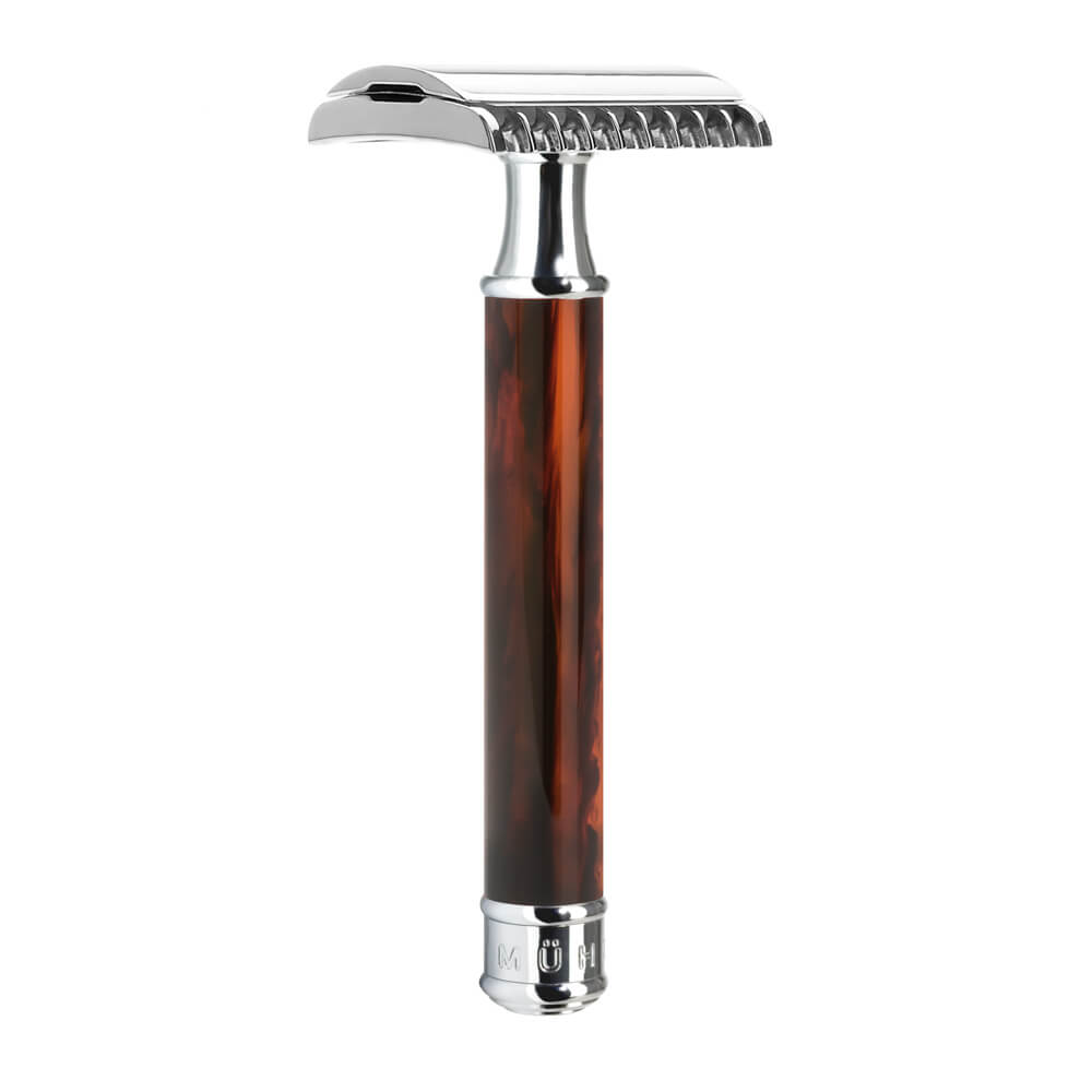Muhle R103 tortoiseshell resin open comb safety razor with chrome accents