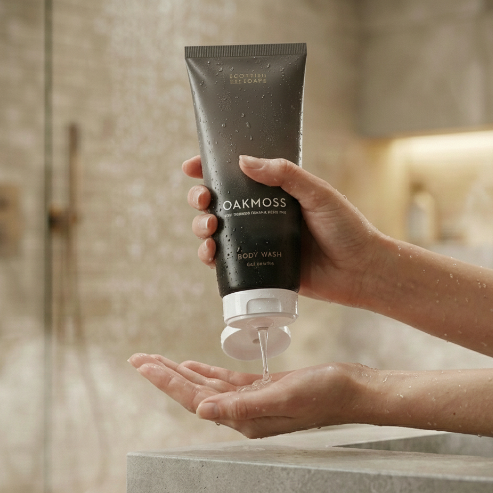 Hands squeezing Oakmoss Body Wash from its tube in a shower setting