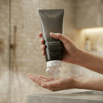 Hands squeezing Oakmoss Body Wash from its tube in a shower setting