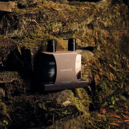Boxed Oakmoss Hand Care Set resting on moss in woodland