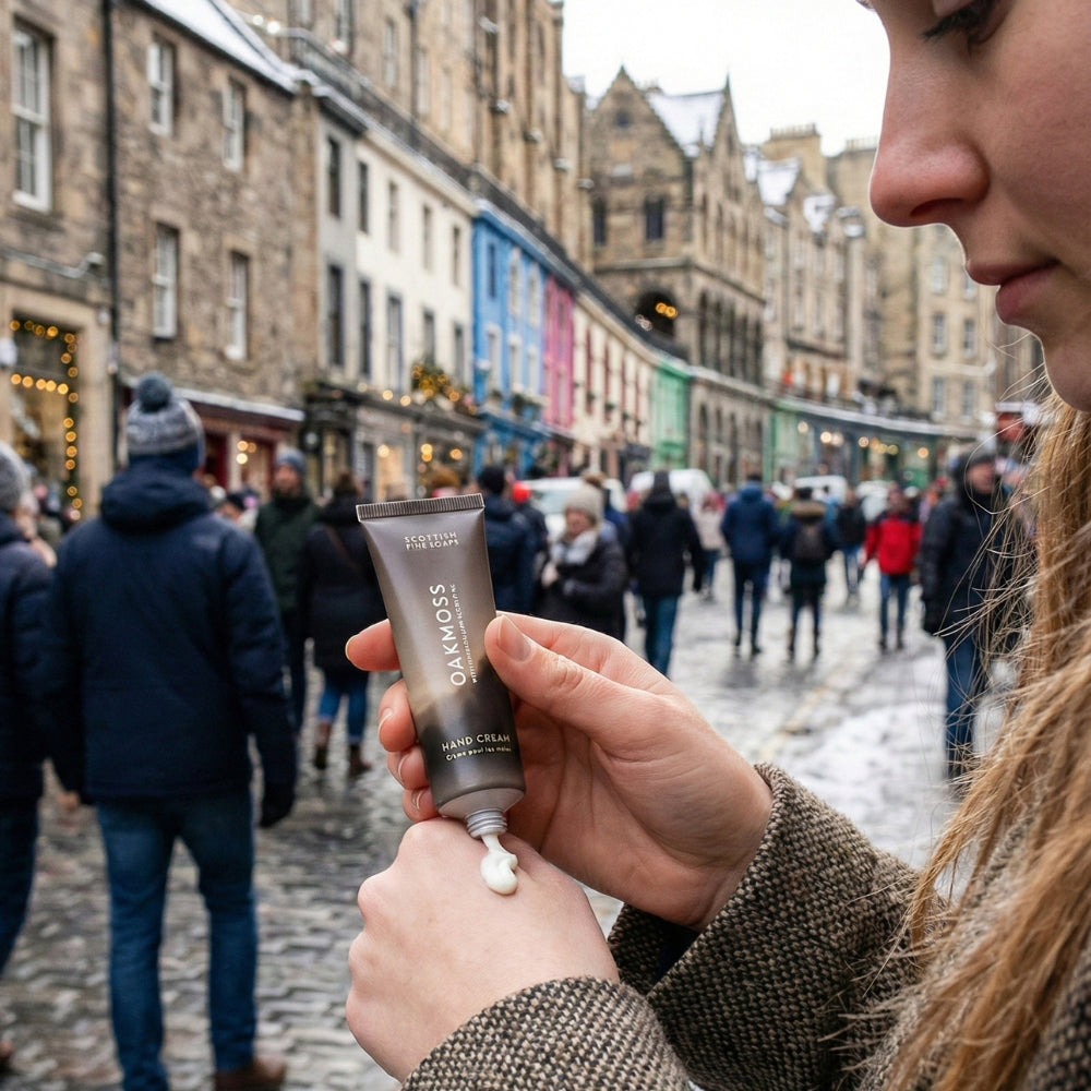 Person using the compact Oakmoss Hand Cream tube on a city street