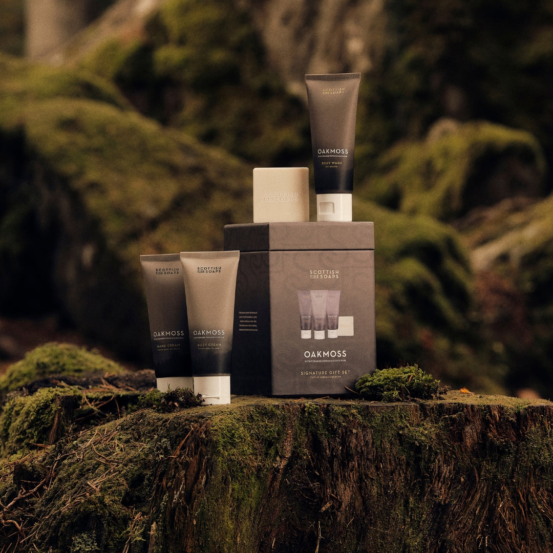 Oakmoss Signature Gift Set arranged on a moss-covered tree stump