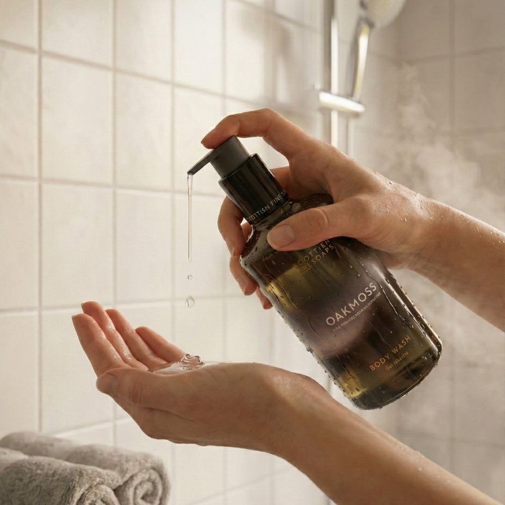 Hands dispensing Oakmoss Body Wash from its pump bottle