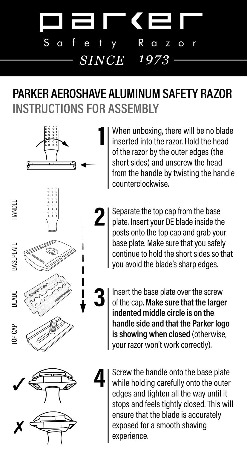 Instructions for assembling a Parker safety razor on a white background