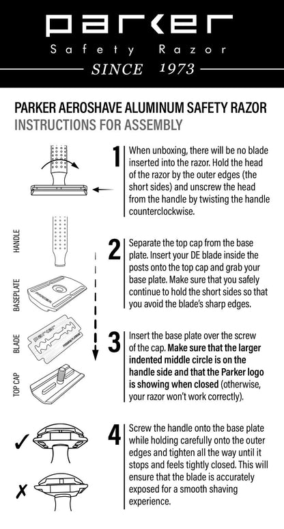 Instructions for assembling a Parker safety razor on a white background