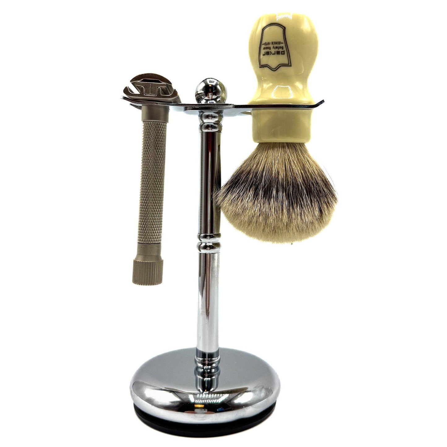 Parker Deluxe ADJUSTABLE Chrome Safety Razor & Shave Brush Stand