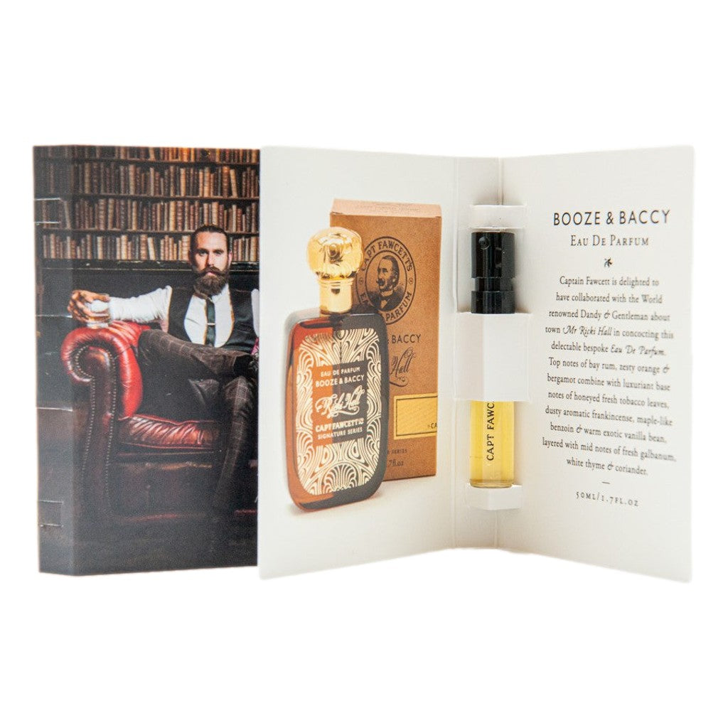 Perfume 2ml bottle with packaging and description on a white background