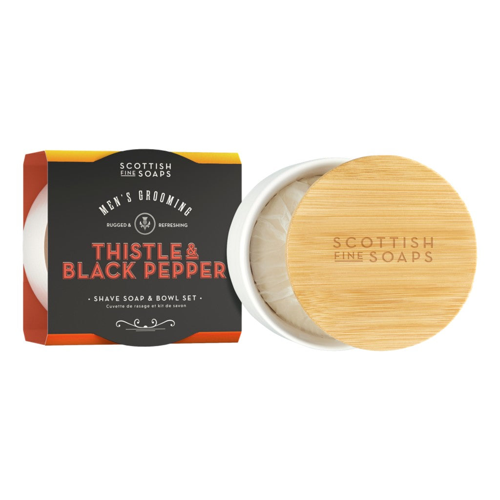 Scottish Fine Soaps Thistle & Black Pepper Shave Soap & Bowl Set on white background