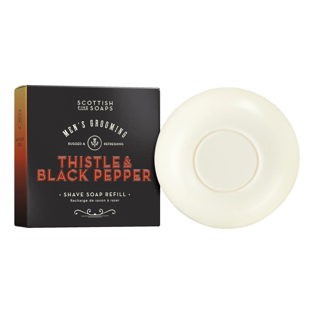 Scottish Fine Soaps Thistle & Black Pepper Shave Soap Refill 100g on white background