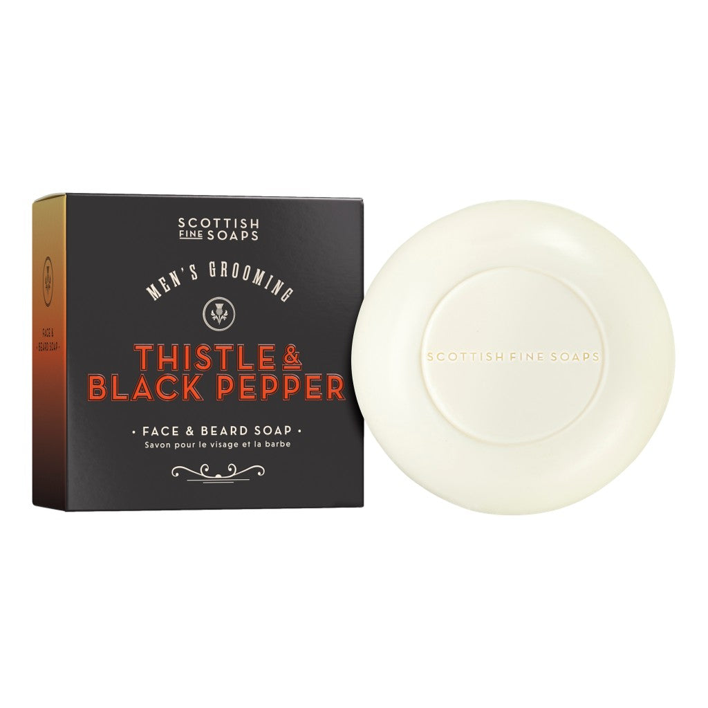 Scottish Fine Soaps Thistle & Black Pepper Face & Beard Soap 100g on white background