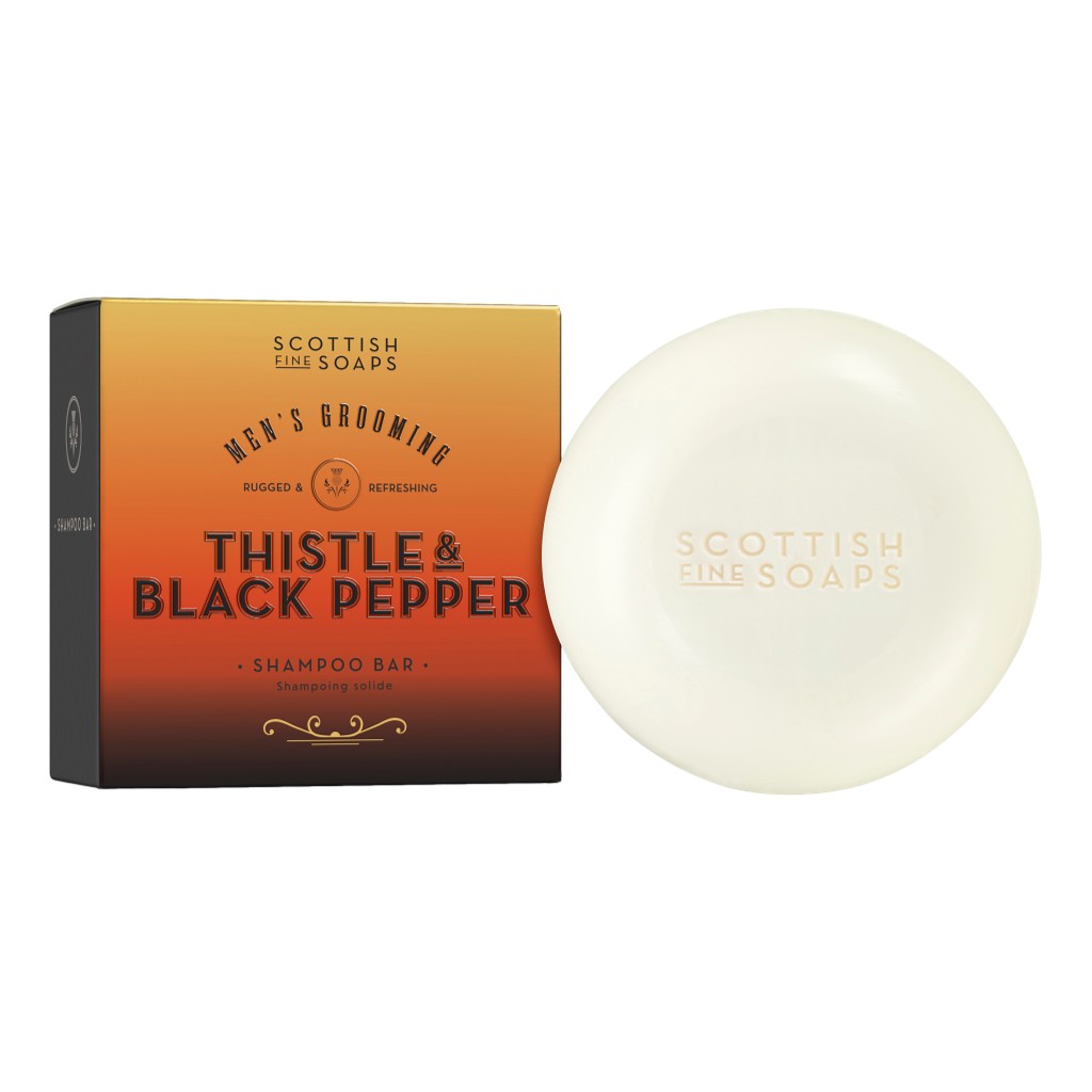 Scottish Fine Soaps Thistle & Black Pepper Shampoo Bar 100g on white background