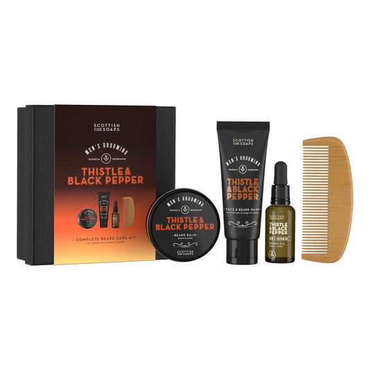 Scottish Fine Soaps Thistle & Black Pepper Complete Beard Care Kit on white background