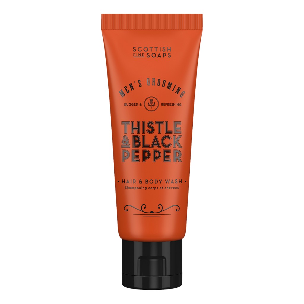 Scottish Fine Soaps Thistle & Black Pepper Hair & Body Wash 75ml on white background