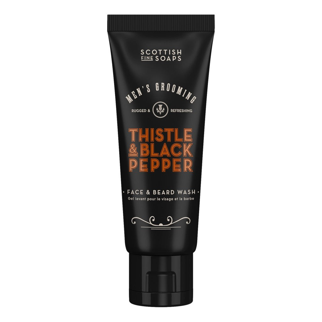 Scottish Fine Soaps Thistle & Black Pepper Face & Beard Wash 75ml on white background