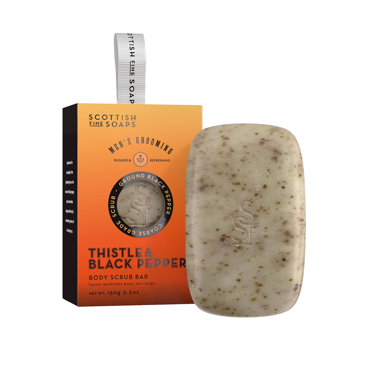 Scottish Fine Soaps Thistle & Black Pepper Body Scrub Bar 150g on white background