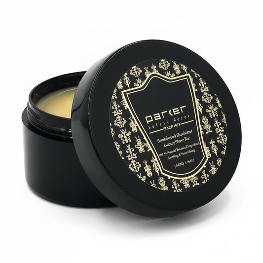 Parker sandalwood and shea butter travel shave soap in compact container