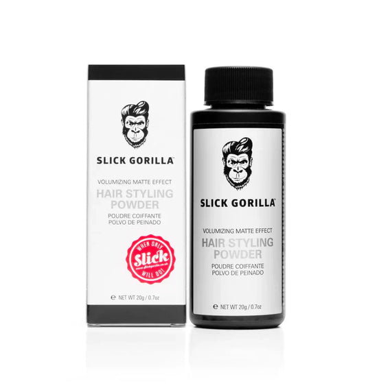 Slick Gorilla Hair Styling Powder with both the bottle and box displaying the product details and branding.