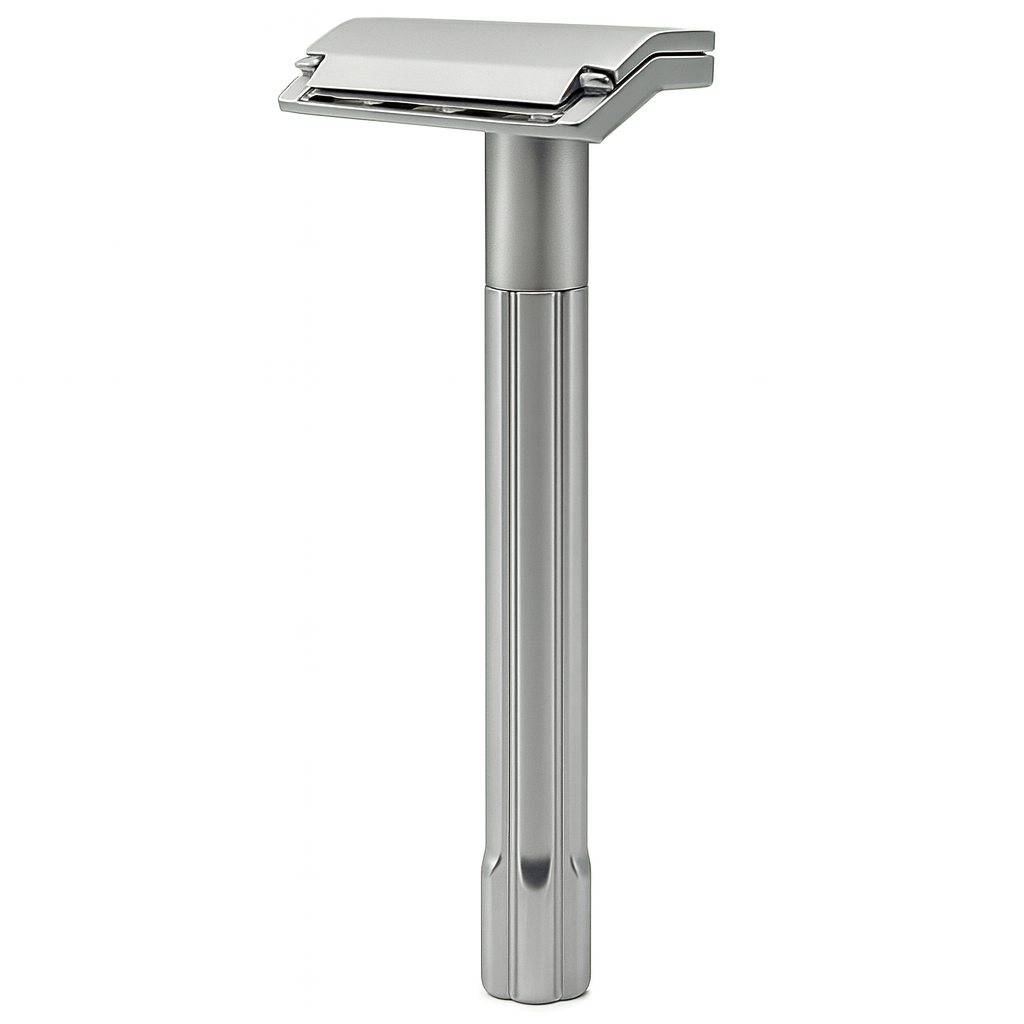 Silver safety razor on a white background