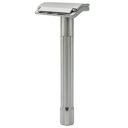 Silver safety razor on a white background