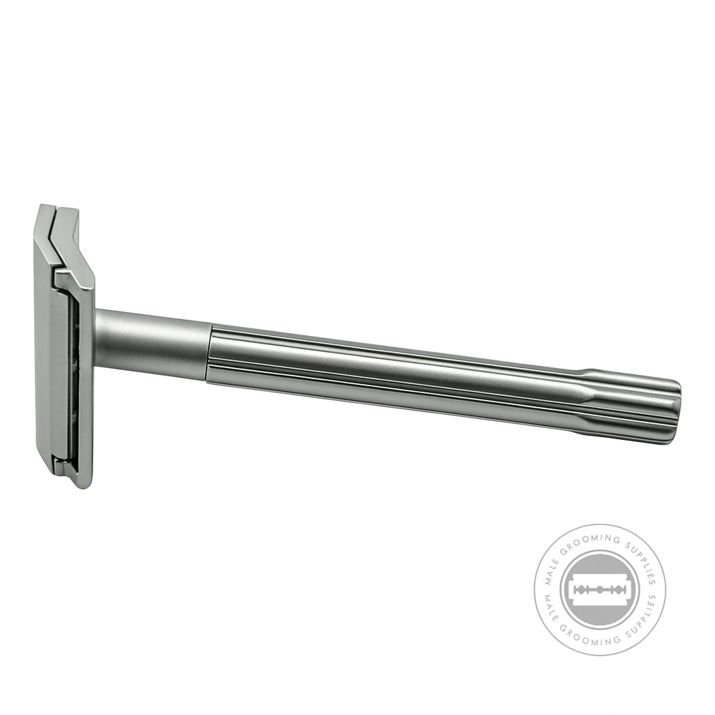 Side view of the Parker SoloEdge Single Edge Safety Razor with a polished chrome handle.