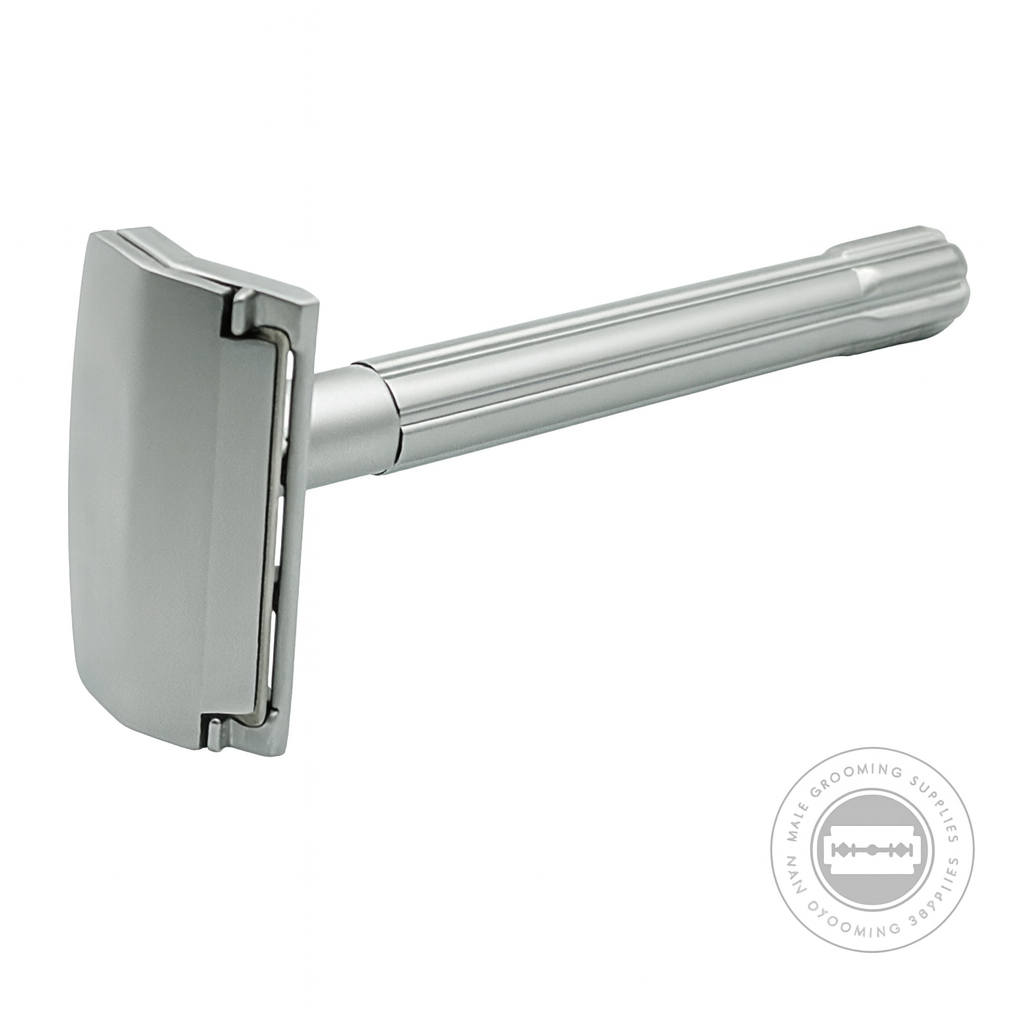 Chrome safety razor on a white background