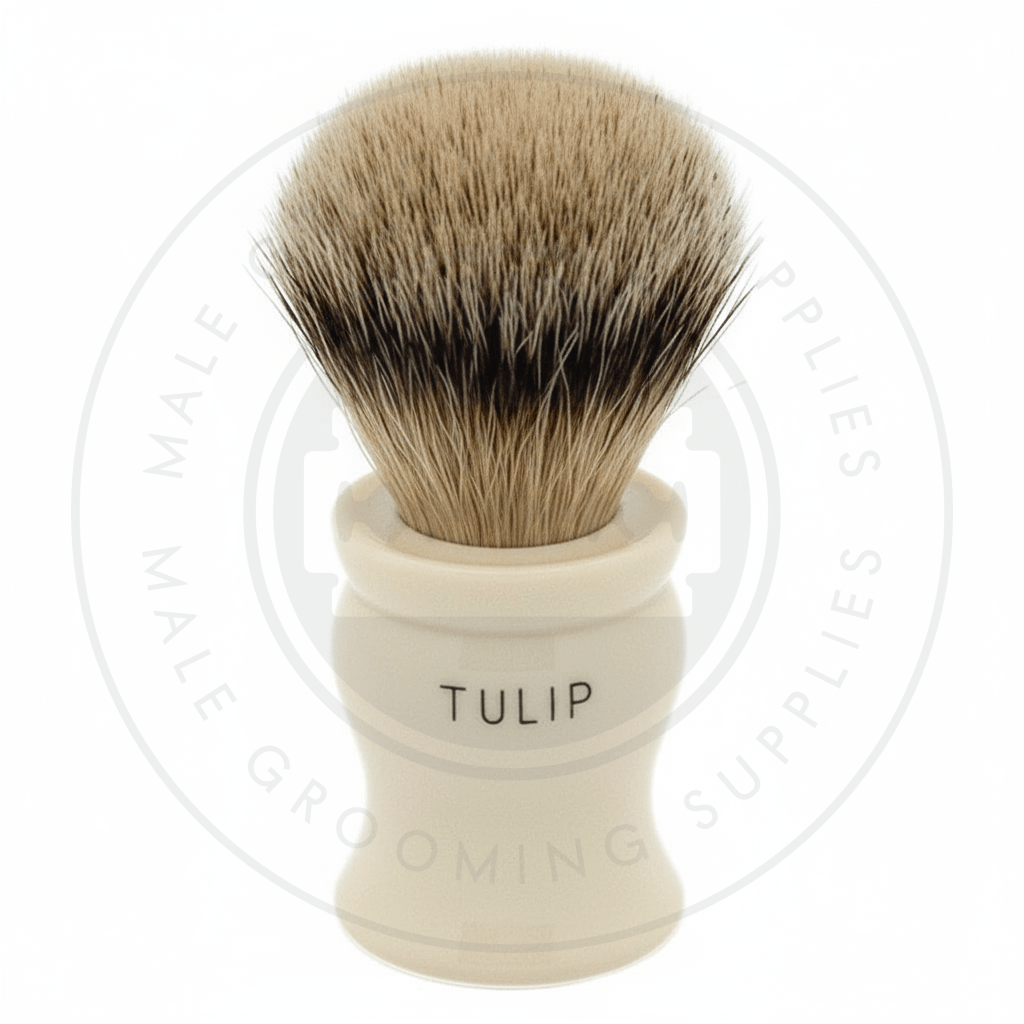 Simpsons Tulip faux ivory shaving brush with Super Silvertip Badger hair - T2 Back