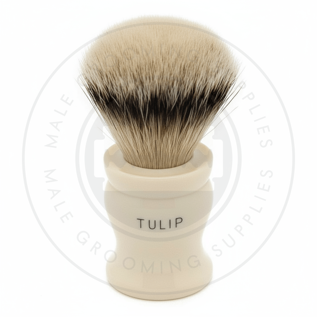 Simpsons Tulip faux ivory shaving brush with Super Silvertip Badger hair - T3 Back