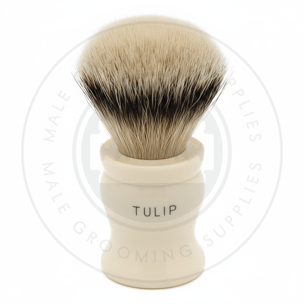 Simpsons Tulip faux ivory shaving brush with Super Silvertip Badger hair - T4 Back