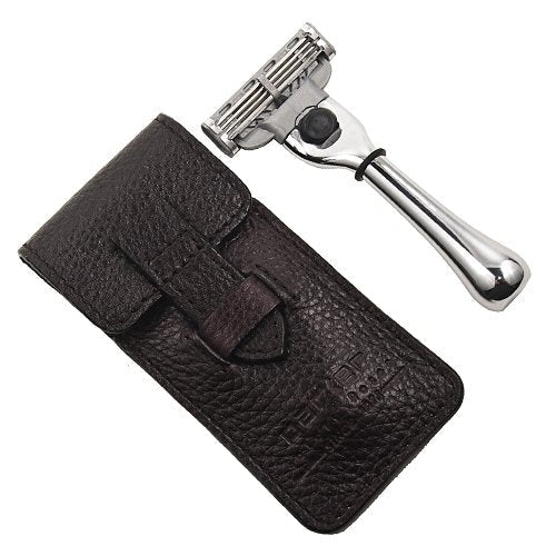 Parker TravM3 Mach 3 travel razor with a chrome-plated handle and leather case