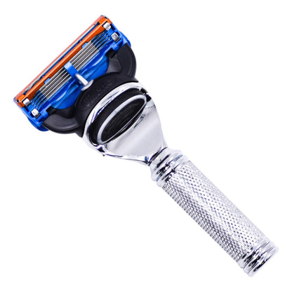 Parker Fusion compatible travel razor with leather case and chrome plated handle