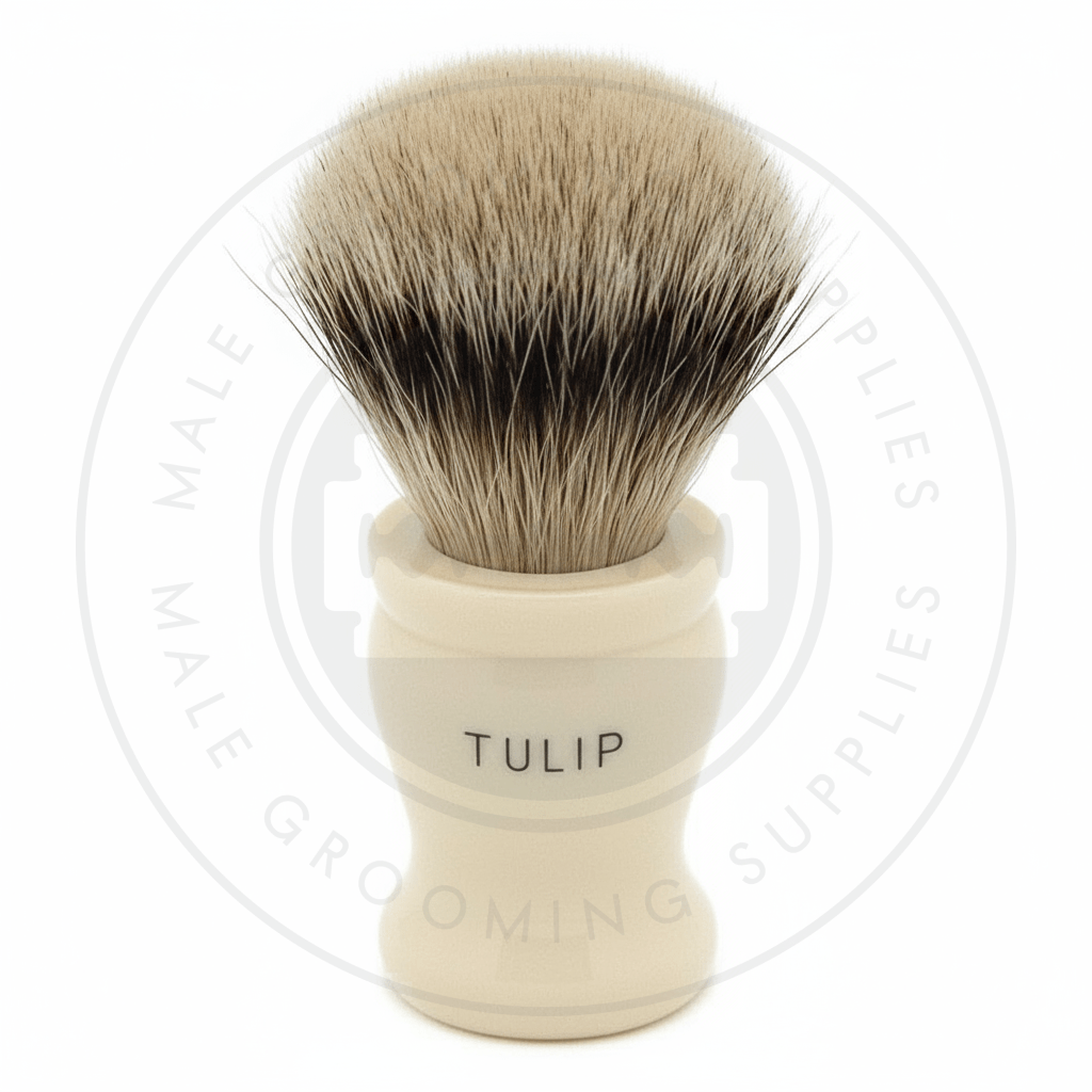 Simpsons Tulip faux ivory shaving brush with Super Silvertip Badger hair - T1 Back
