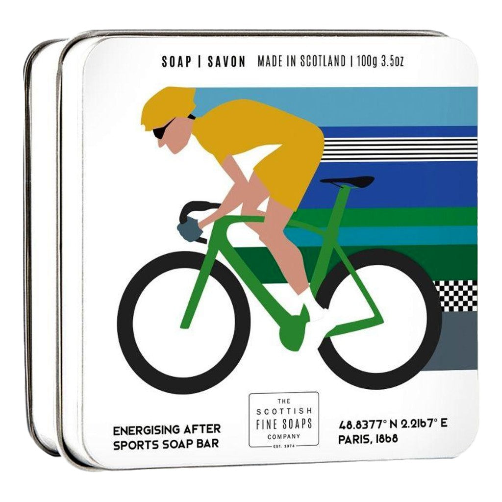 The Scottish Fine Soaps Sports Soap – Cycling. Magnesium-Enriched, Refreshing & Revitalising Soap In A Stylish Tin. Made In Scotland. Perfect For Cyclists & Active Lifestyles.