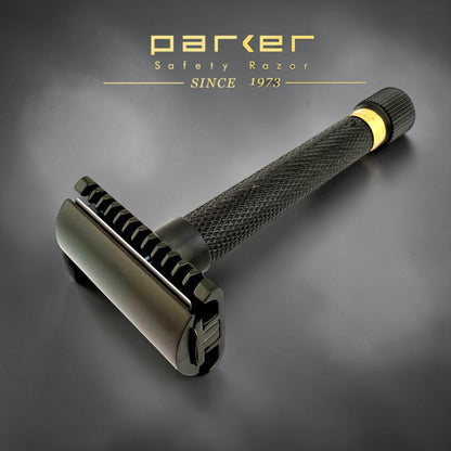A black Parker safety razor with a textured handle and metallic head, shown on a dark gray background with the Parker brand logo at the top.