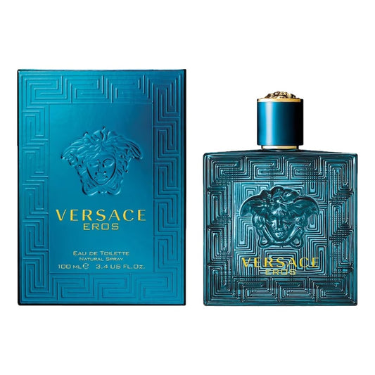 Versace Eros perfume bottle and packaging on a white background