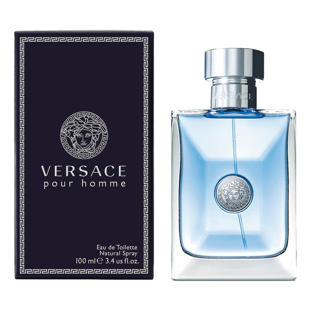 Versace pour homme perfume bottle and packaging on a white background