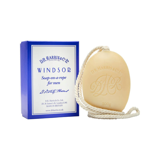 Dr. Harris soap on a rope with packaging on a white background