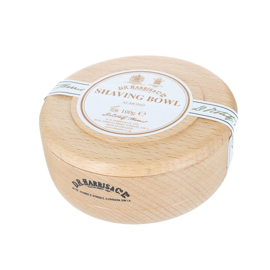 .R. Harris Almond Shaving Soap in beech wood bowl for traditional wet shaving