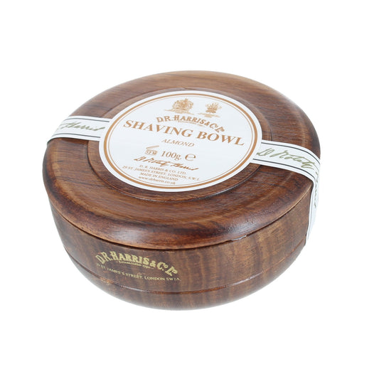 D.R. Harris Almond Shaving Soap 100g in mahogany effect bowl for wet shaving