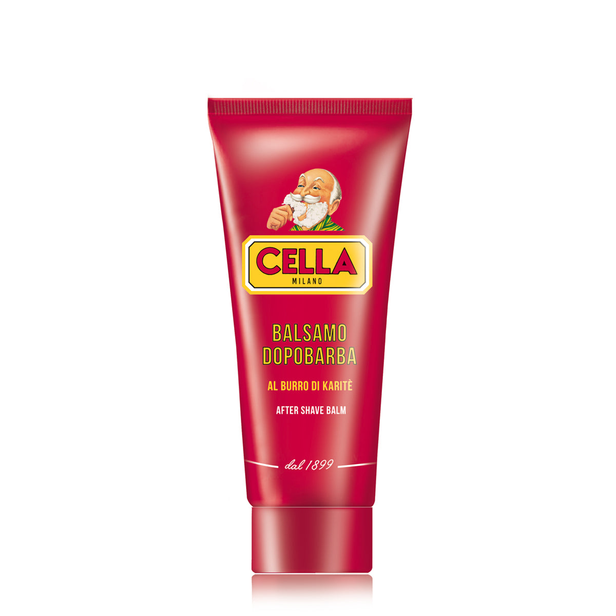 Red tube of Cella after shave balm on a white background